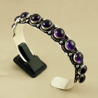 Natural 8MM Amethyst Sterling Silver Plated Handmade Cuff Bangle