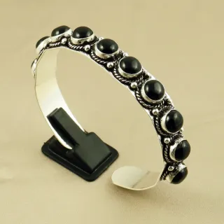 Natural 8MM Black Onyx Sterling Silver Plated Handmade Cuff Bangle