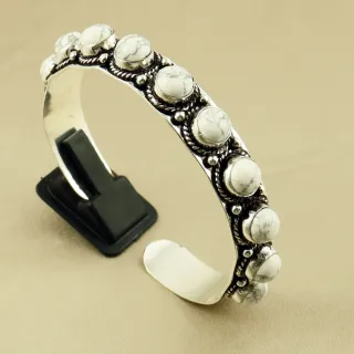 Natural 8MM Howlite Sterling Silver Plated Handmade Cuff Bangle