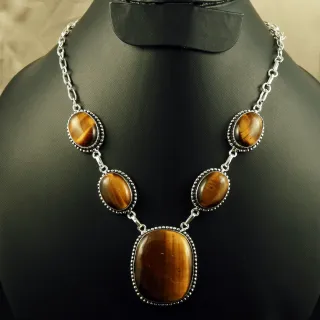 Natural Tiger Eye Sterling Silver Plated Handmade Necklace