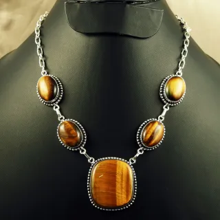 Natural Tiger Eye Sterling Silver Plated Handmade Necklace