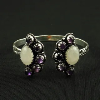 Natural Rainbow Moonstone & Amethyst Silver Plated Handmade Cuff Bangle