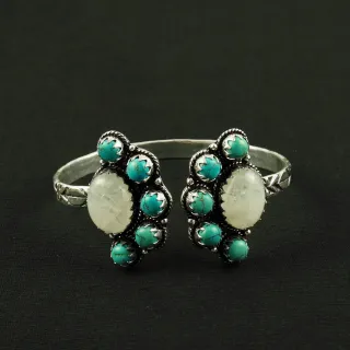 Natural Turquoise & Rainbow Moonstone Silver Plated Handmade Cuff Bangle